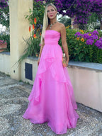 Elisa | Vestido de fiesta de organza rosa claro, corte A, sin tirantes