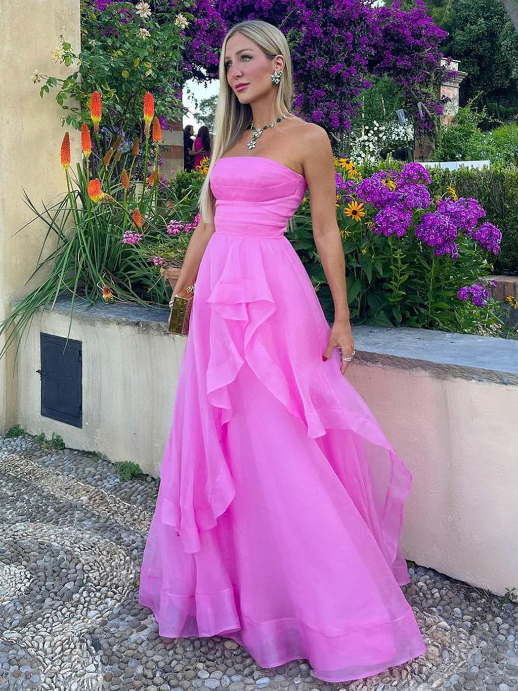 Elisa | Vestido de fiesta de organza rosa claro, corte A, sin tirantes
