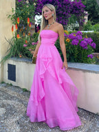 Elisa | Vestido de fiesta de organza rosa claro, corte A, sin tirantes