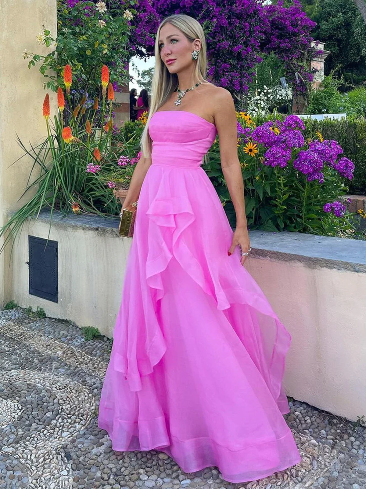 Elisa | Vestido de fiesta de organza rosa claro, corte A, sin tirantes