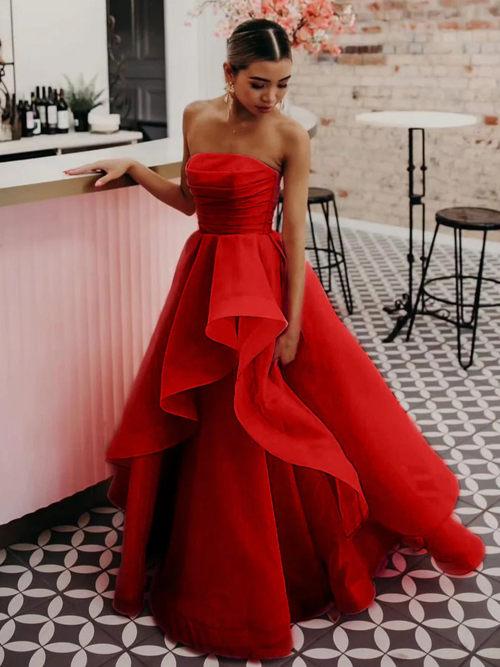 Elisa | Vestido de fiesta de organza rosa claro, corte A, sin tirantes