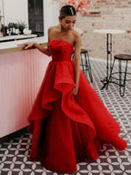 Elisa | Vestido de fiesta de organza rosa claro, corte A, sin tirantes
