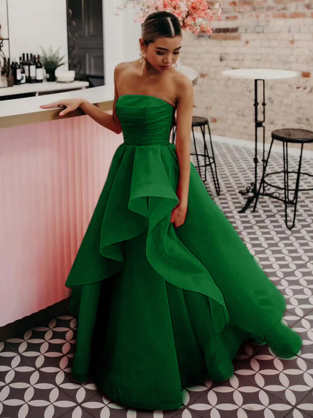 Elisa | Vestido de fiesta de organza rosa claro, corte A, sin tirantes