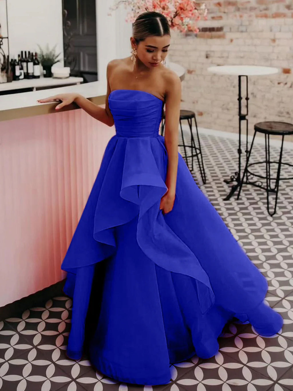 Elisa | Vestido de fiesta de organza rosa claro, corte A, sin tirantes