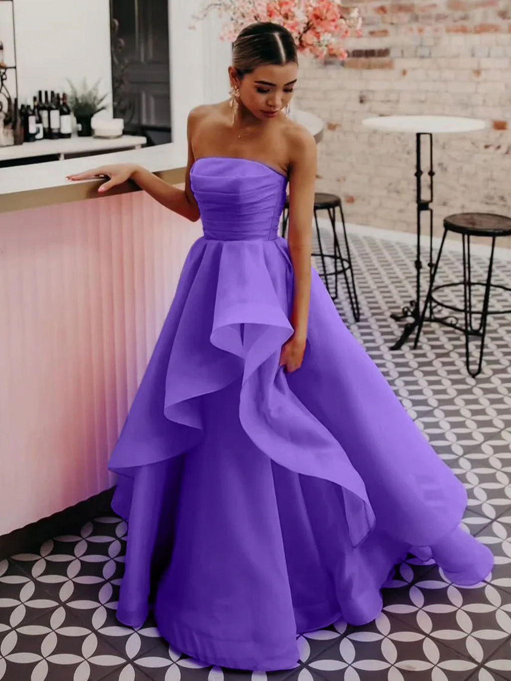 Elisa | Vestido de fiesta de organza rosa claro, corte A, sin tirantes
