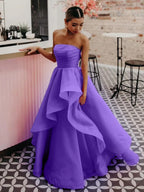 Elisa | Vestido de fiesta de organza rosa claro, corte A, sin tirantes