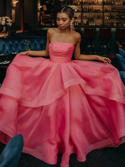 Elisa |Light Pink A Line Strapless Organza Prom Dress