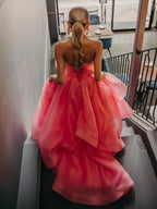 Elisa | Vestido de fiesta de organza rosa claro, corte A, sin tirantes