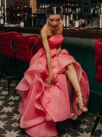 Elisa | Vestido de fiesta de organza rosa claro, corte A, sin tirantes