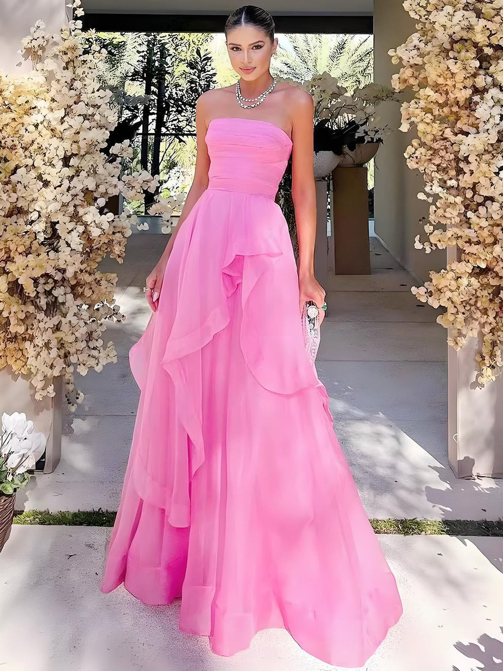 Elisa | Vestido de fiesta de organza rosa claro, corte A, sin tirantes