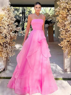 Elisa | Vestido de fiesta de organza rosa claro, corte A, sin tirantes