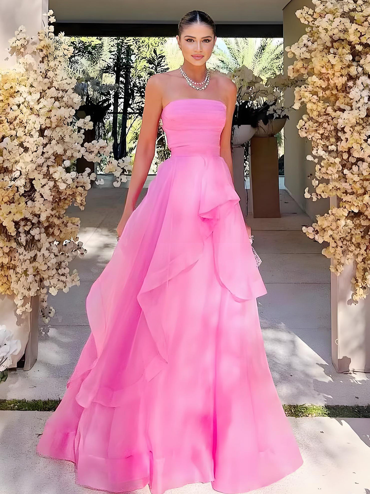 Elisa | Vestido de fiesta de organza rosa claro, corte A, sin tirantes
