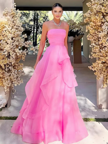 Elisa |Light Pink A Line Strapless Organza Prom Dress