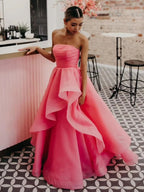 Elisa | Vestido de fiesta de organza rosa claro, corte A, sin tirantes