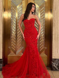 Ellorie | Vestidos de fiesta largos de encaje rojo con escote corazón y corte sirena
