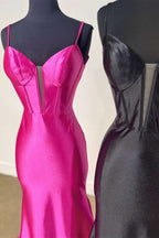 Elori | Plunge Neck Black Satin Mermaid Long Prom Dress