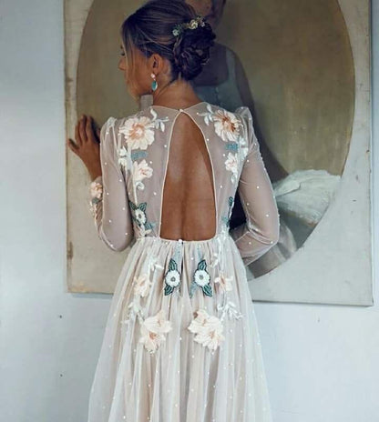 Schickes A-Linien-Ballkleid mit Stickerei, offenem Rücken, langen Ärmeln und glitzerndem Rock PSK001