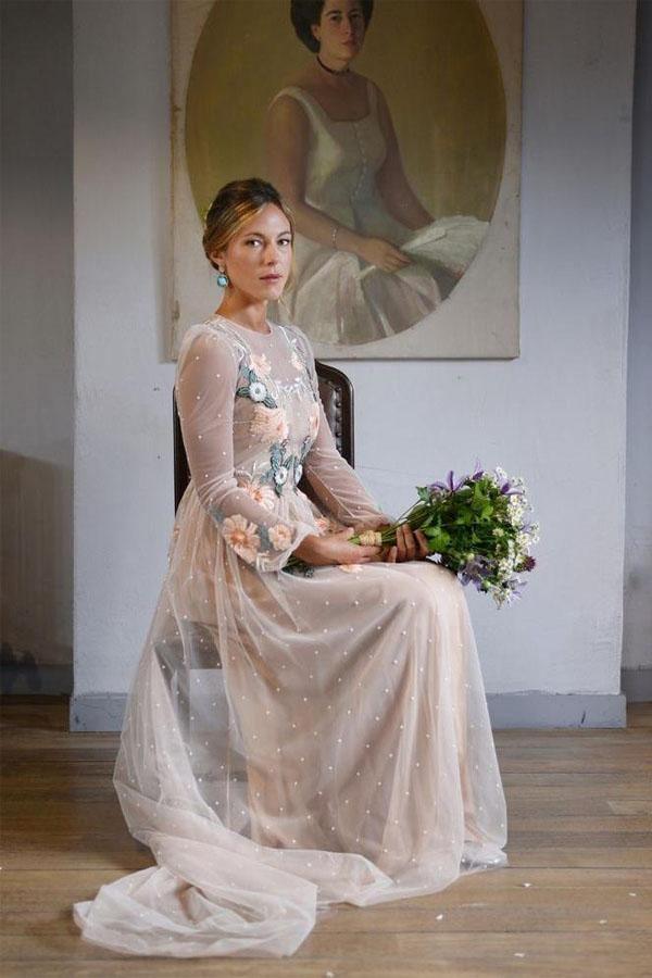 Vestido de fiesta elegante con bordado, corte A, espalda abierta, manga larga y brillantes PSK001