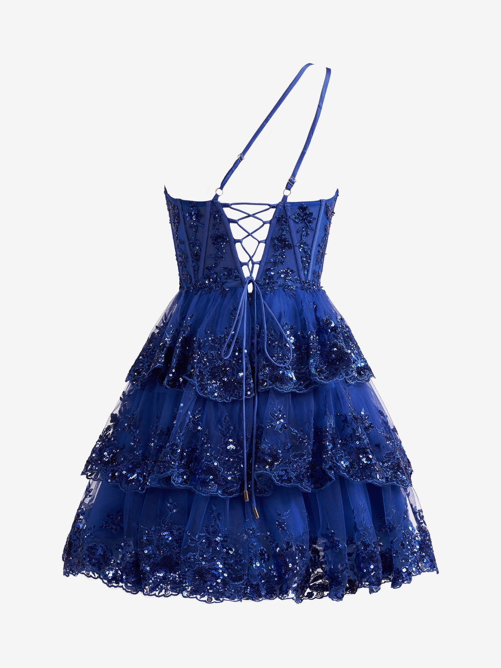 Emma | Vestido de fiesta corto azul real de corte A con un solo hombro y encaje escalonado azul marino
