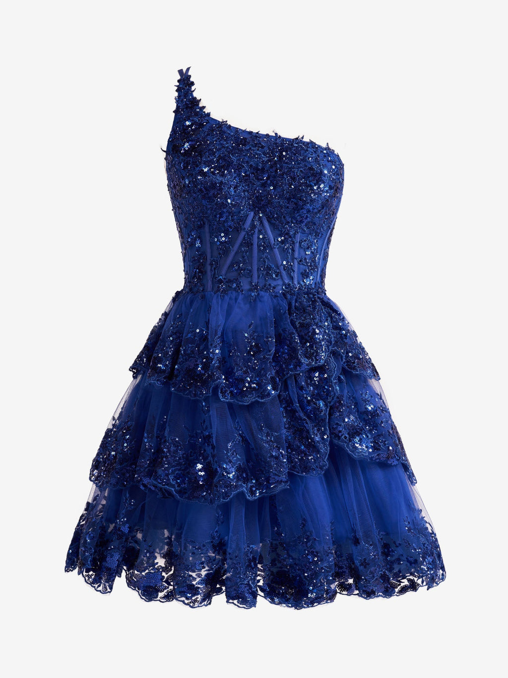 Emma | Vestido de fiesta corto azul real de corte A con un solo hombro y encaje escalonado azul marino
