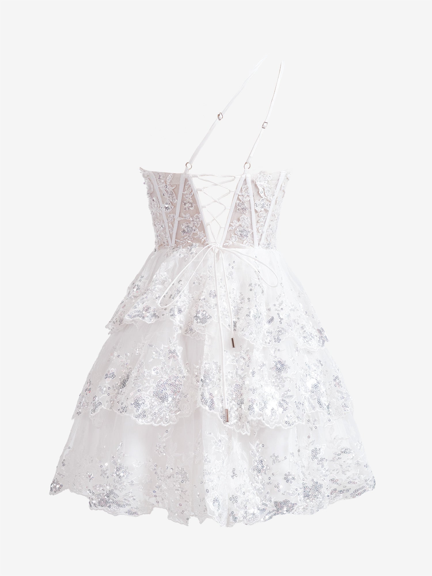 Emma | Vestido de fiesta corto de encaje azul marino con un solo hombro y corte en A