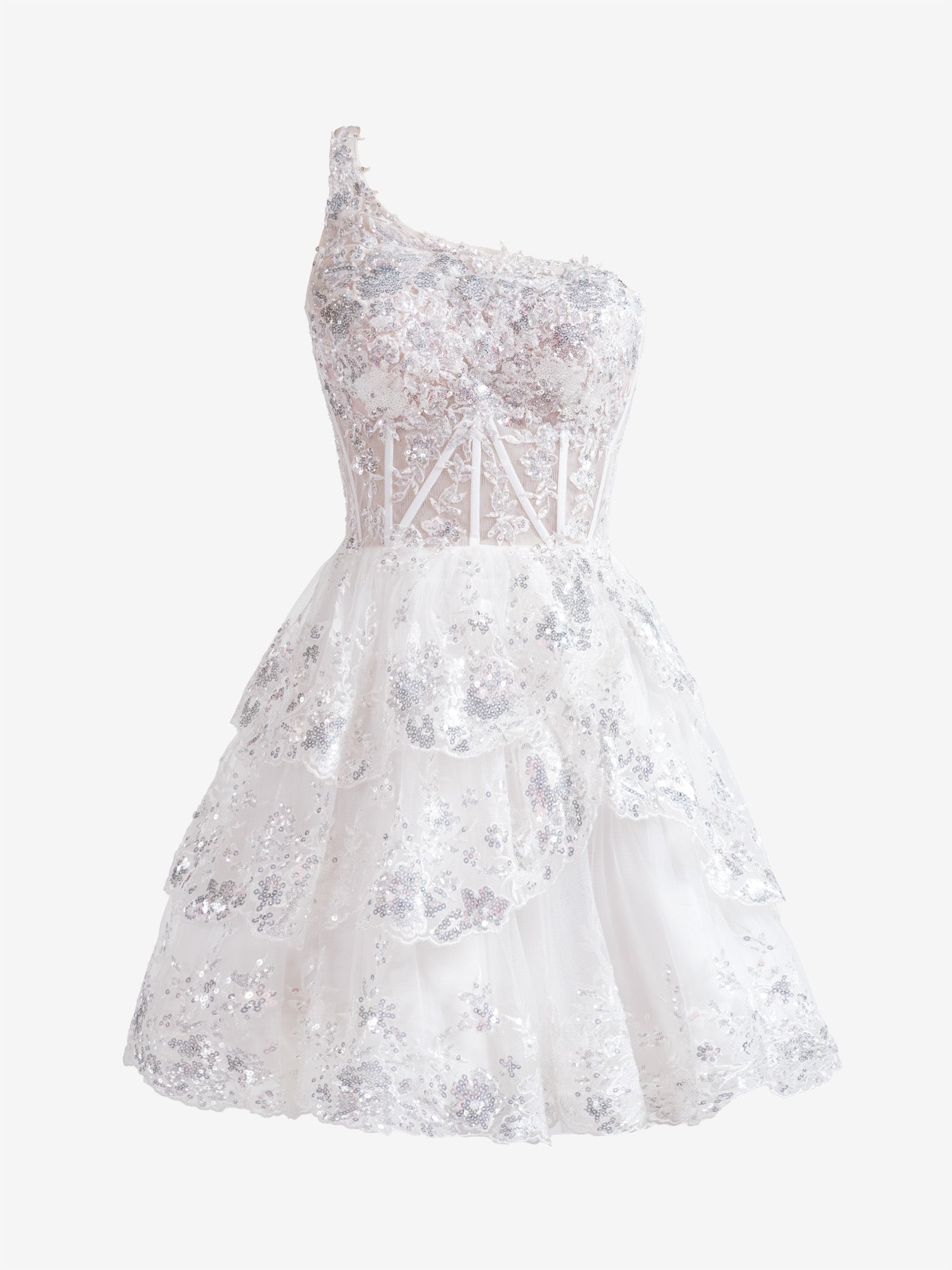 Emma | Vestido de fiesta corto de encaje azul marino con un solo hombro y corte en A