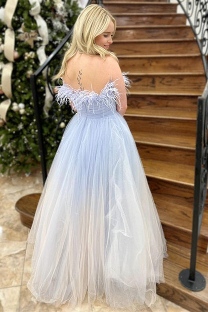 Enid | Blue and White Ombre Feathers Strapless A-Line Long Prom Dress
