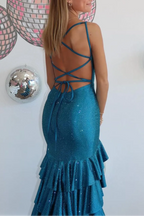 Enolia | Meerjungfrau Spaghettiträger Strass Rüschen Langes Ballkleid mit Schlitz