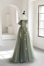 Eosinia | Gray Green Off The Shoulder Tulle Prom Dress With Appliques