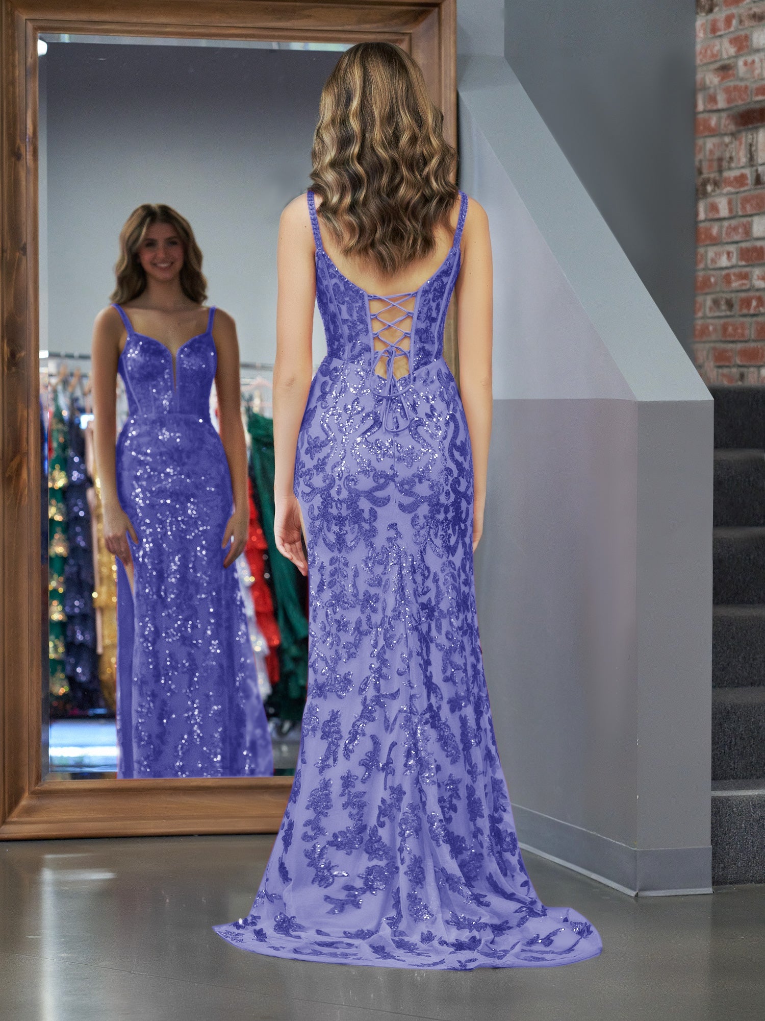Erryn | Vestido de fiesta largo morado con lentejuelas y abertura