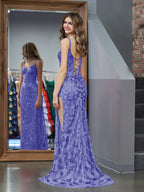 Erryn | Vestido de fiesta largo morado con lentejuelas y abertura