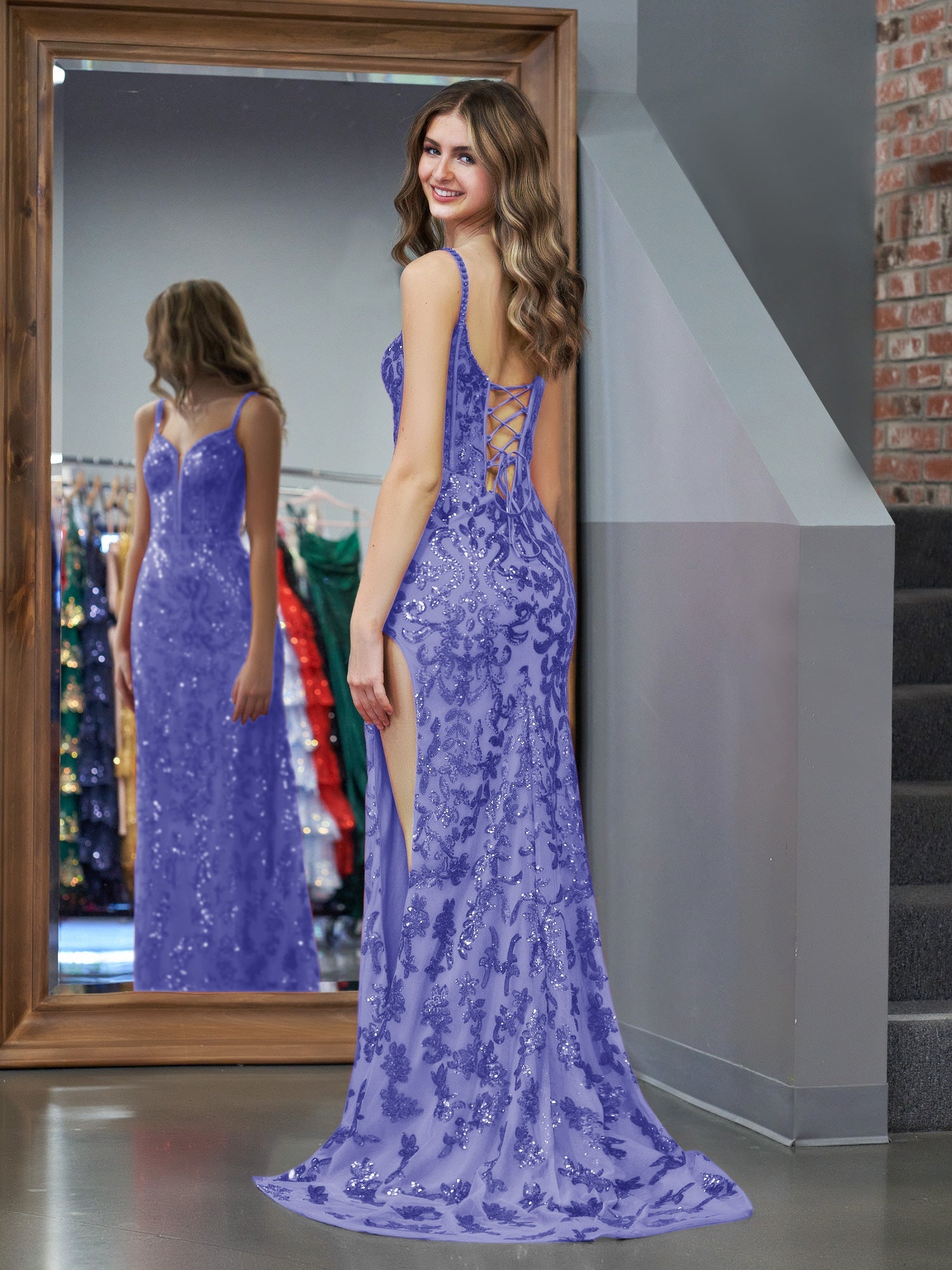 Erryn | Vestido de fiesta largo morado con lentejuelas y abertura