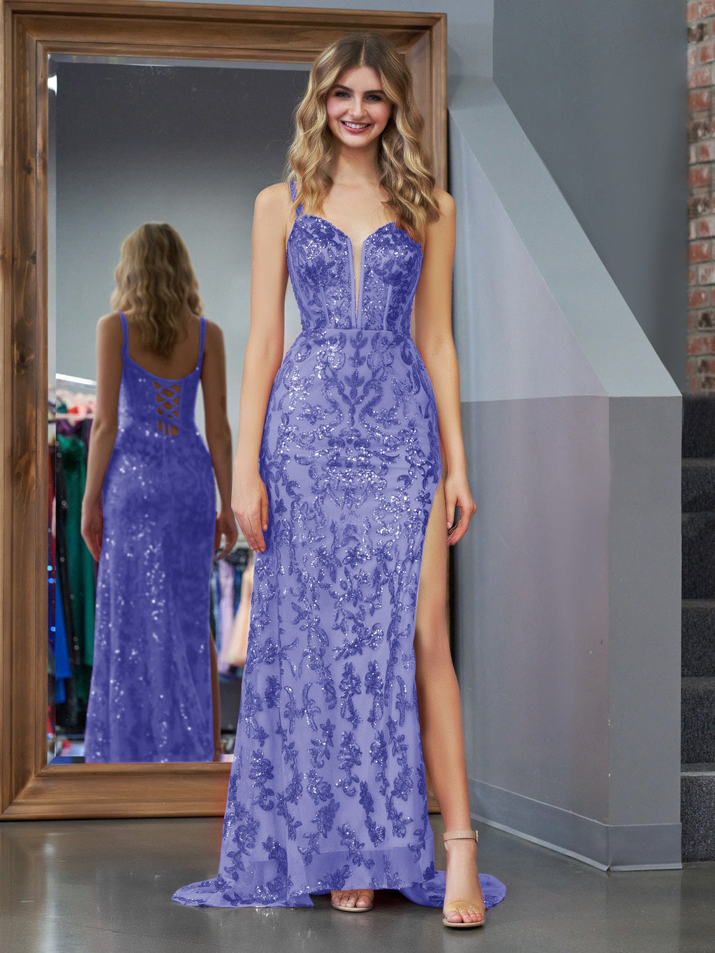 Erryn | Vestido de fiesta largo morado con lentejuelas y abertura