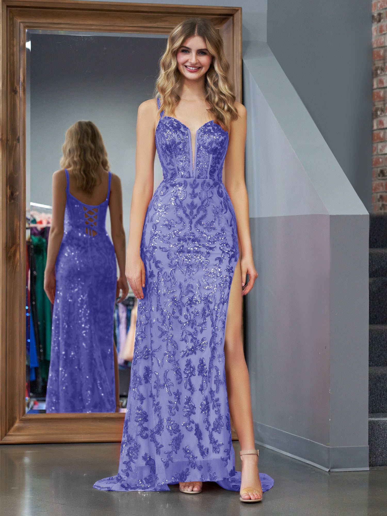 Erryn | Vestido de fiesta largo morado con lentejuelas y abertura