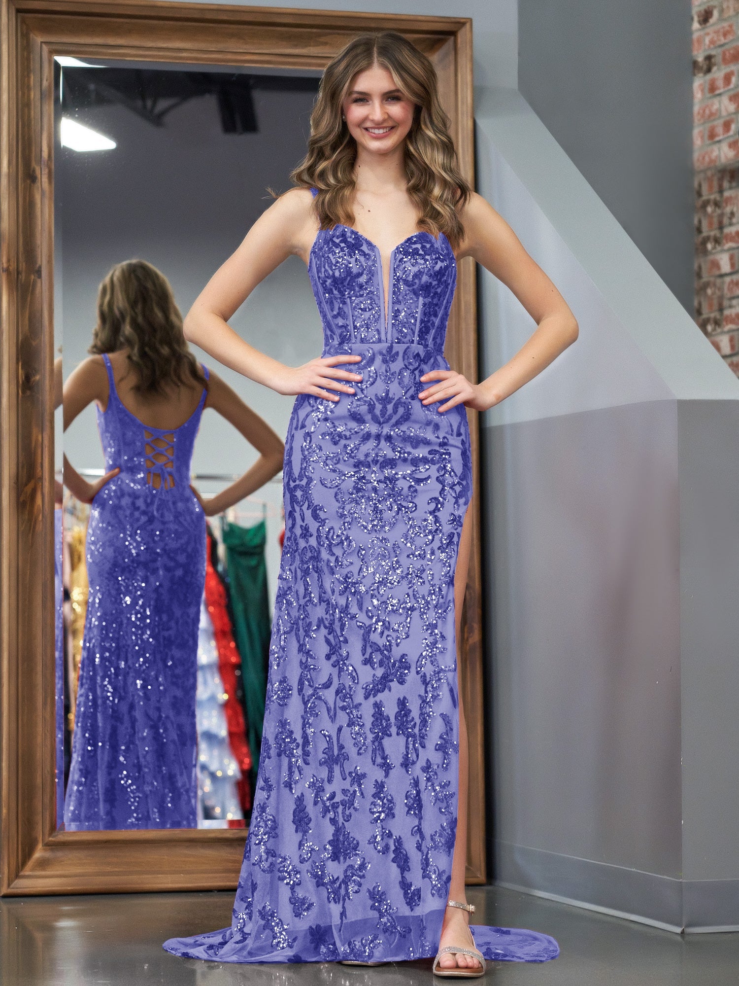Erryn | Vestido de fiesta largo morado con lentejuelas y abertura