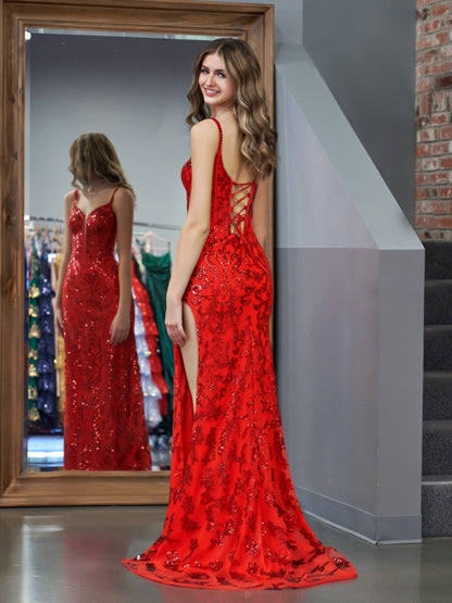 Erryn | Red Sheath Sequins Long Prom Dress with Slit