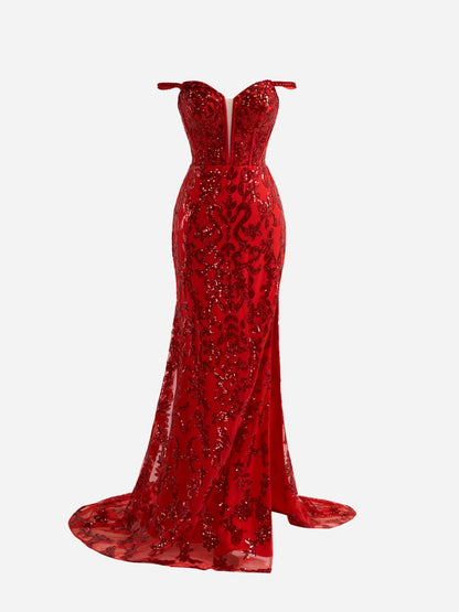 Erryn | Red Sheath Sequins Long Prom Dress with Slit