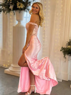 Eseld | Vestidos de fiesta largos de satén rosa con escote corazón y abertura