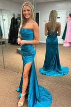 Evangeline | Teal Strapless Lace-Up Ruched Mermaid Long Formal Dress with Slit