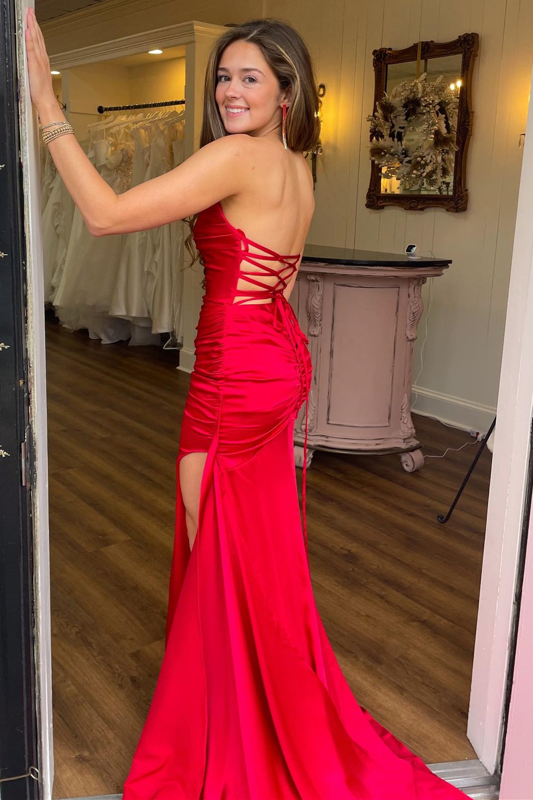 Evangeline | Teal Strapless Lace-Up Ruched Mermaid Long Formal Dress with Slit