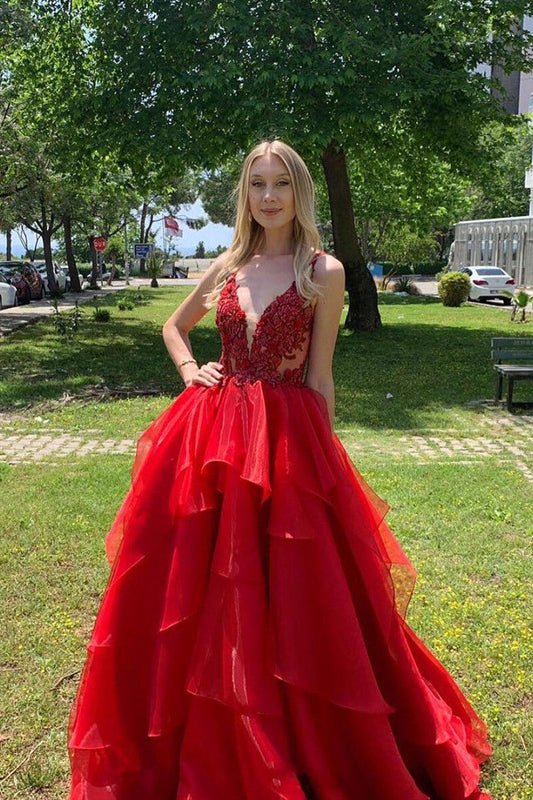 Ausgezeichnetes langes rückenfreies rotes Ballkleid aus Organza in A-Linie mit V-Ausschnitt