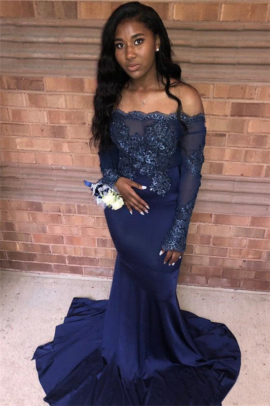 Ausgezeichnetes langes Meerjungfrau-Ballkleid mit schulterfreien Applikationen und Spitze und Ärmeln