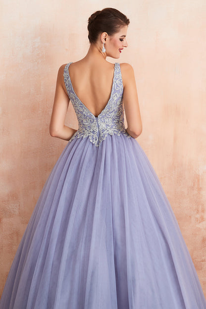 Excellent Long Princess V-neck Sleeveless Tulle Backless Prom Dress