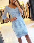 Exquisitos vestidos de fiesta cortos de manga larga con cuentas azules