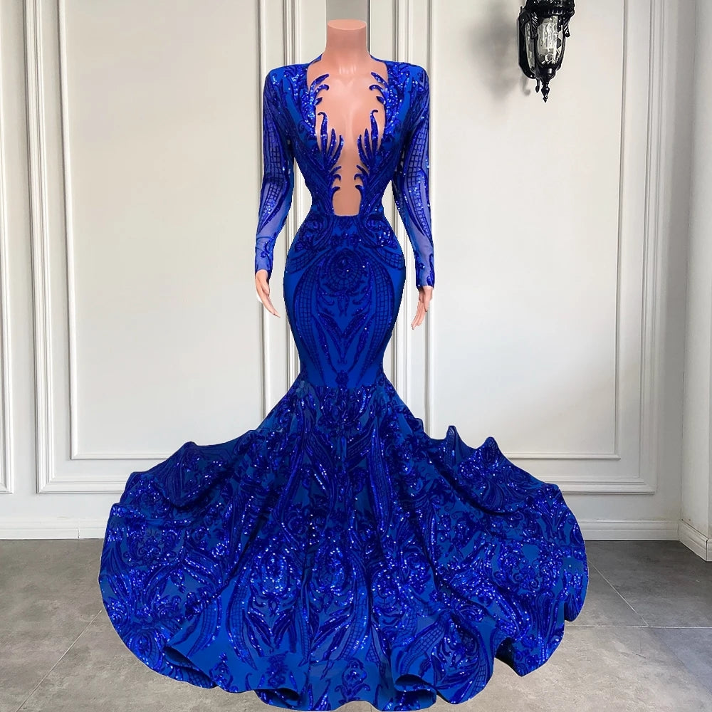 Exquisitos vestidos de fiesta de sirena con escote en V azul, lentejuelas, manga larga y largo hasta el suelo