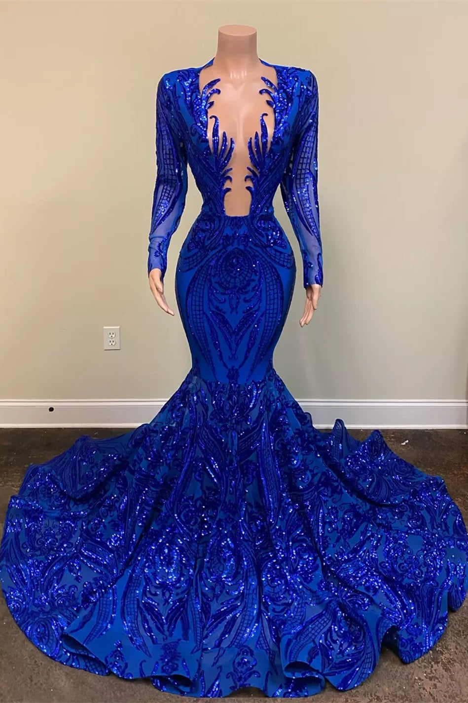 Exquisitos vestidos de fiesta de sirena con escote en V azul, lentejuelas, manga larga y largo hasta el suelo