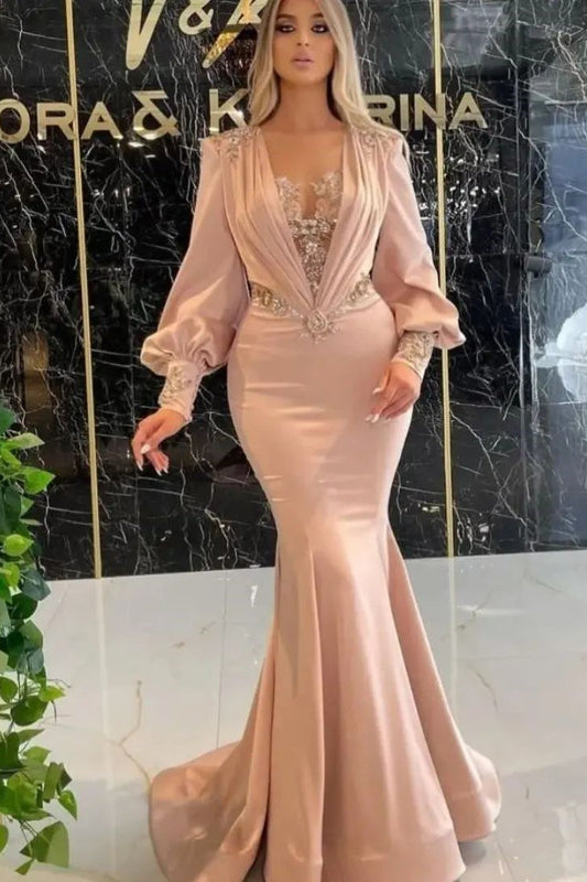 Exquisites bodenlanges, langärmliges Meerjungfrau-Ballkleid aus Satin mit Applikationen
