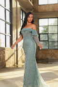 Exquisites bodenlanges, langärmliges Meerjungfrau-Ballkleid mit Pailletten und Schlitz