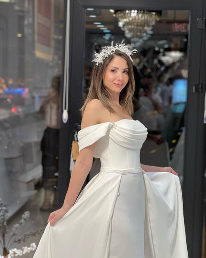 Exquisite Floor Length Off-The-Shoulder A-Line Satin Wedding Dress with Beads