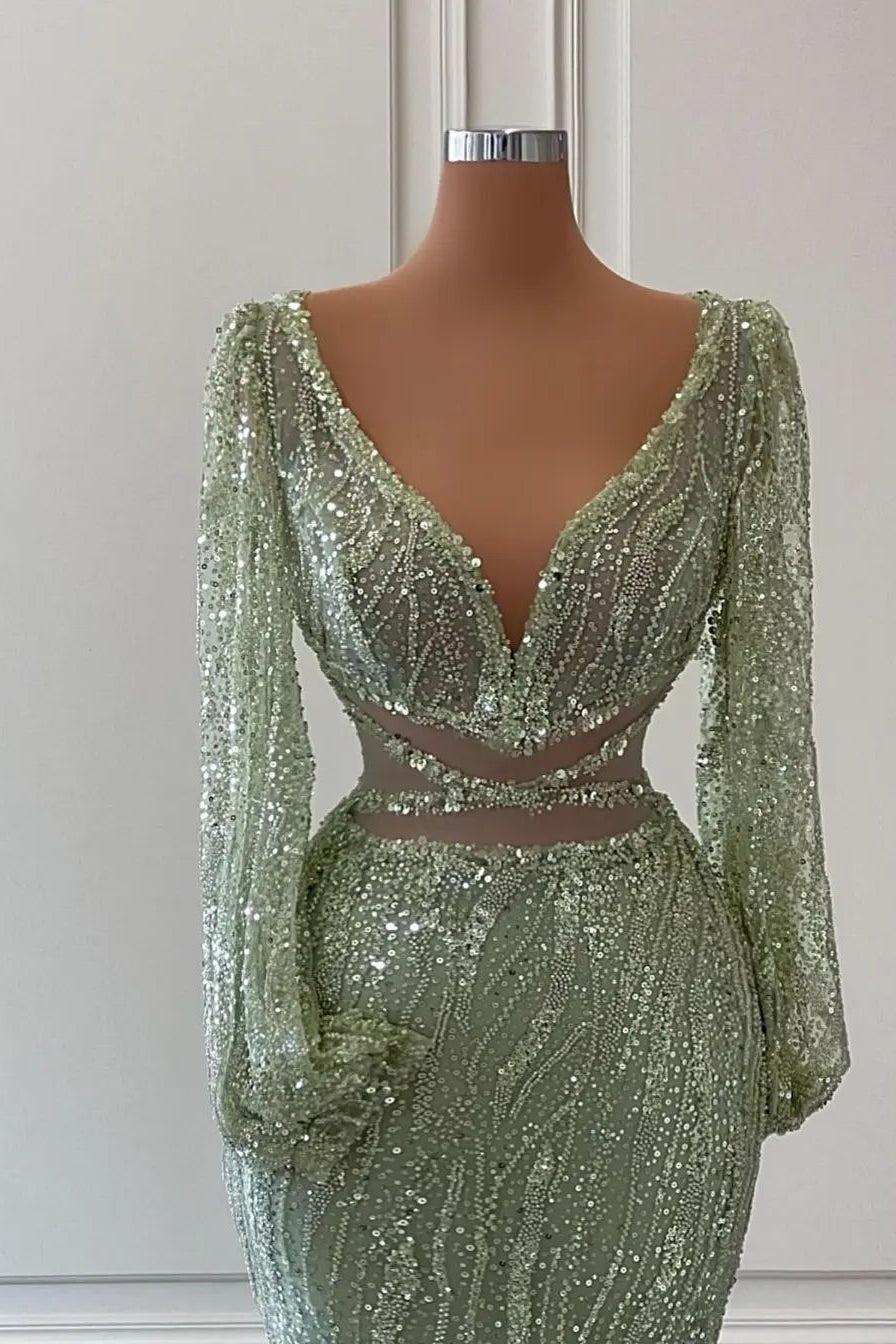 Exquisites bodenlanges Meerjungfrau-Ballkleid mit V-Ausschnitt und langen Ärmeln